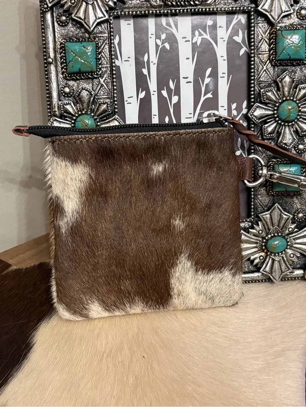 Cowhide Zip Pouch Wallet - Brown & White
